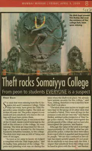 Dalvi, Vinay (Reporter). Theft Rocks Somaiyya College, 03 April 2009 | Newspaper Clipping | 00851007