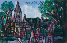 Souza, F.N. (Artist). Untitled (Landscape with Church), 1983 | Painting