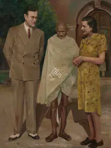 Khosa, Somnath (Artist). Gandhiji with Lord and Lady Mountbatten, c.1959 | Painting