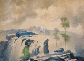 Roy Chowdhury, D.P. (Artist). Besides the Waterfall, early 1950s | Painting