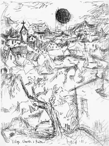 Raza, S.H. (Artist). Village, Church & Bindu, 2010 | Drawing