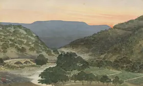 Dugar, Indra (Artist). Dawn over Ajanta Hills, 1970 | Painting