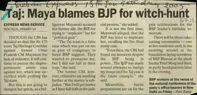 Batra, Ravi (Reporter). Taj: Maya Blames BJP for Witch-Hunt, 15 January 2005 | Newspaper Clipping | 00851163