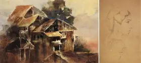 Dey, Manishi (Artist). Landscape With Huts, n.d. | Painting