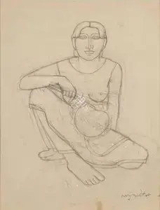 Shaw, Lalu Prasad (Artist). Woman with pankha, 1995 | Drawing