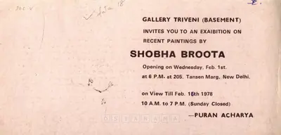 Broota, Shobha (Artist). Shobha Broota, 1978 | Solo Exhibition Invitation | 00858942