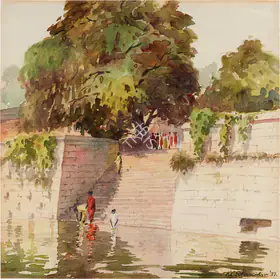Paniker, K.C.S. (Artist). Thiruparan Kundram Bathing Ghat, 1937 | Painting
