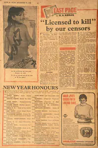 Abbas, Khwaja Ahmad (Columnist). "Licensed to Kill" by our censors. In <i>Blitz - India's Greatest Weekly.</i> p. 20. Bombay: R.K. Karanjia, 31 December 1966 | Essay | CinemaEducation | 00464942