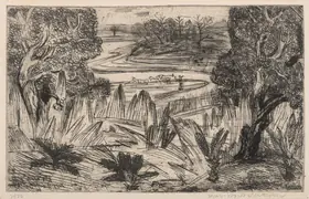 Mukherjee, B.B. (Artist). Landscape, circa 1940-44 | Graphic Art