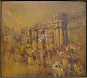 Nayak, Sheshgiri Upendra (Artist). Town scene in orange, 1971 | Painting