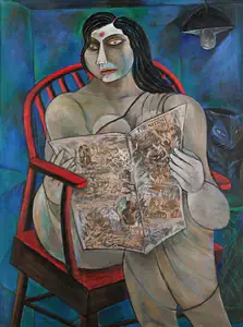 Sen, Paritosh (Artist). Woman Reading a Newspaper, 1992 | Painting