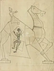 Husain, M.F. (Artist). A Double-sided preparatory drawing from the toy series, 1950s | Drawing
