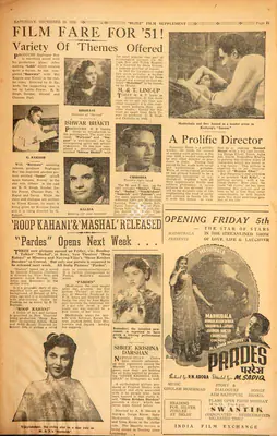 Film Fare for '51 !_x000d_
Variety of Themes Offered. In <i>Blitz - Asia's Foremost News Magazine.</i> p. 21. Bombay: R.K. Karanjia, 30 December 1950 | Film Review | CinemaEducation | 00143769