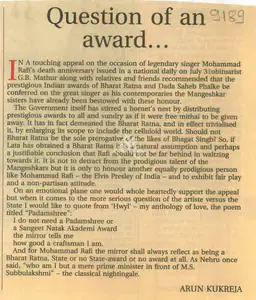 Kukreja, Arun (Writer). Question of An Award, 08 August 2003 | Newspaper Clipping | 00856115