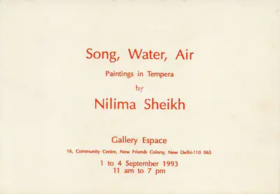 Sheikh, Nilima (Artist). Song, Water, Air, 1993 | Solo Exhibition Invitation | 00859982