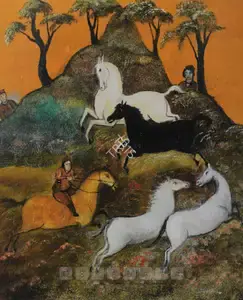Sohail, Tasadduq (Artist). A Rider Rounding Up Horses, n.d. | Painting