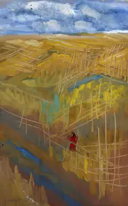 Ghose, Gopal (Artist). Untitled (Landscape of a Farm), 1952 | Painting