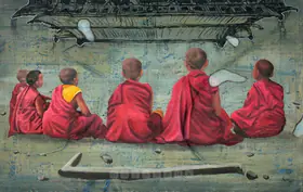 Iranna, G.R. (Artist). Monks with Temple, n.d. | Painting