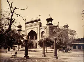Dayal, Lala Deen (Photographer), Three old lantern posts (without the lanterns on top) in the north-eastern quadrangle to the south of the main gate to the Taj Mahal, Agra, c.1880 | Antiquarian Photograph