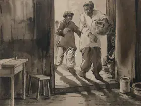 Maity, Paresh (Artist). Untitled (Figures in a doorway), 1986 | Painting