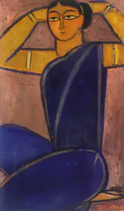 Roy, Jamini (Artist). Seated Woman Tying Up Her Hair, n.d. | Painting