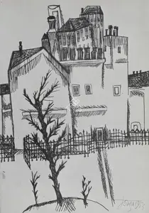 Souza, F.N. (Artist). Houses with Tree, 1953 | Drawing