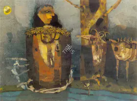Pyne Ganesh Artist The Encounter Tempera on canvas 1974 Painting FineArts 00373535