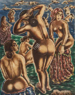 Ara, K.H. (Artist). Untitled (Bathing Gopis), n.d. | Painting