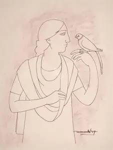 Shaw, Lalu Prasad (Artist). Woman with parrot, 1997 | Drawing