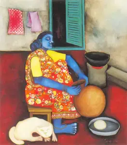 Bhattacharya, Shipra (Artist). Radha and Pussy, 1991 | Painting