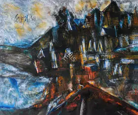 Souza, F.N. (Artist). Landscape with Houses and Lake, 1961 | Painting
