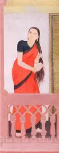 Sen, Sushil (Artist). A Woman Combing Her Hair, n.d. | Painting
