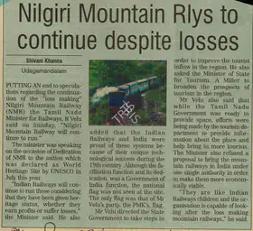 Khanna, Shivani (Reporter). Nilgiri Mountain Rlys To Continue Despite Losses, 22 November 2000 | Newspaper Clipping | 00849878