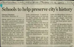 Chauhan, Chetan (Reporter). Schools to Help Presereve City's History, 19 December 2003 | Newspaper Clipping | 00849969