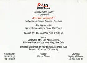 Sharma, Vijender (Curator) and Arts India Movement (Organiser). A Preview of Mystic Journey, 2005 | Group Exhibition Invitation | 00858792