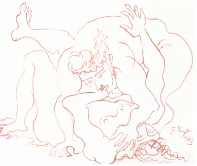 Keyt, George (Artist). A Study for 'Bhima and Jarasandha', 1967 | Drawing