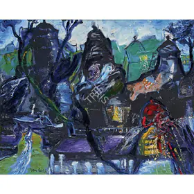 Parekh, Manu (Artist). Landscape with a red temple, 1985 | Painting