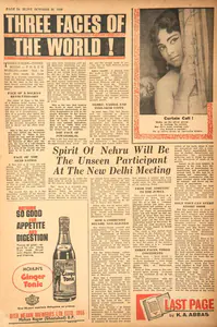 Abbas, Khwaja Ahmad (Columnist). Three Faces of the World !. In <i>Blitz - India's Greatest Weekly.</i> p. 24. Bombay: R.K. Karanjia, 22 October 1966 | Essay | CinemaEducation | 00464926