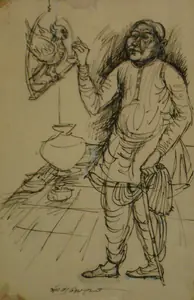 Sen, Paritosh (Artist). Man with a Parrot, n.d. | Drawing