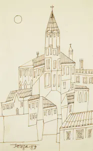 Souza, F.N. (Artist). Untitled (Church Landscape), 1958 | Drawing