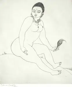 Chughtai, M.A.R. (Artist). Untitled (Seated Nude), n.d. | Graphic Art