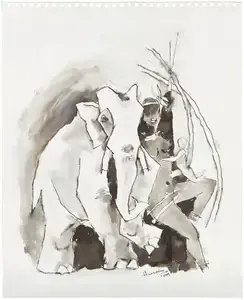 Husain, M.F. (Artist). Untitled (Lady & Elephant), 2009 | Drawing
