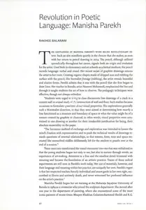 Balaram, Rakhee (Essayist). Revolution in Poetic Language - Manisha Parekh. In <i>Marg - In Focus- Abstraction.</i> 68(1), pp. 40-51. Mumbai: Radhika Sabavala, September - December 2016 | Essay | FineArts | 00669090