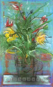 Parekh, Manu (Artist). Blue Flowers With Vase, n.d. | Painting