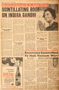 Abbas, Khwaja Ahmad (Columnist). Scintillating Book on Indira Gandhi. In <i>Blitz - India's Greatest Weekly.</i> p. 20. Bombay: R.K. Karanjia, 09 July 1966 | Essay | CinemaEducation | 00464916