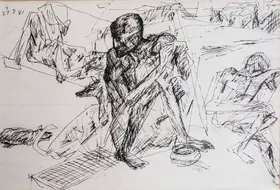 Hore, Somnath (Artist). Untitled (Village scene), 1981 | Drawing