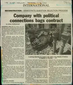Krishnaswami, Sridhar (Reporter). Company with Political Connections Bags Contract, 19 April 2003 | Newspaper Clipping | 00855583