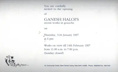 Haloi, Ganesh (Artist). Ganesh Haloi, 1997 | Solo Exhibition Invitation | 00859144