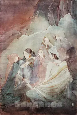 Vijaiwargiya, Ramgopal (Artist). Women With A Holyman On A Mountainside By Night, 1930s | Painting