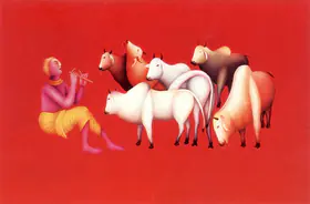 Bawa, Manjit (Artist). Krishna with Cows, n.d. | Painting